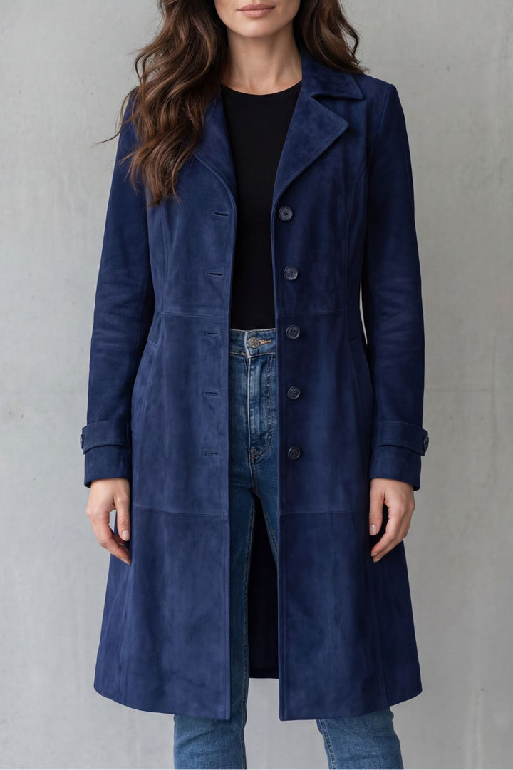 Solene | Women's Longline Coat Tailored Suede-Effect Winter in Navy