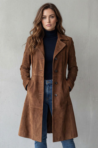Solene | Women's Longline Coat Tailored Suede-Effect Winter in Navy, another view