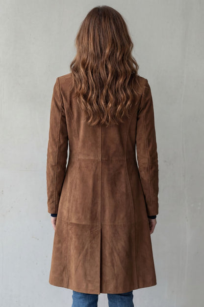 Solene | Women's Longline Coat Tailored Suede-Effect Winter in Navy, another view