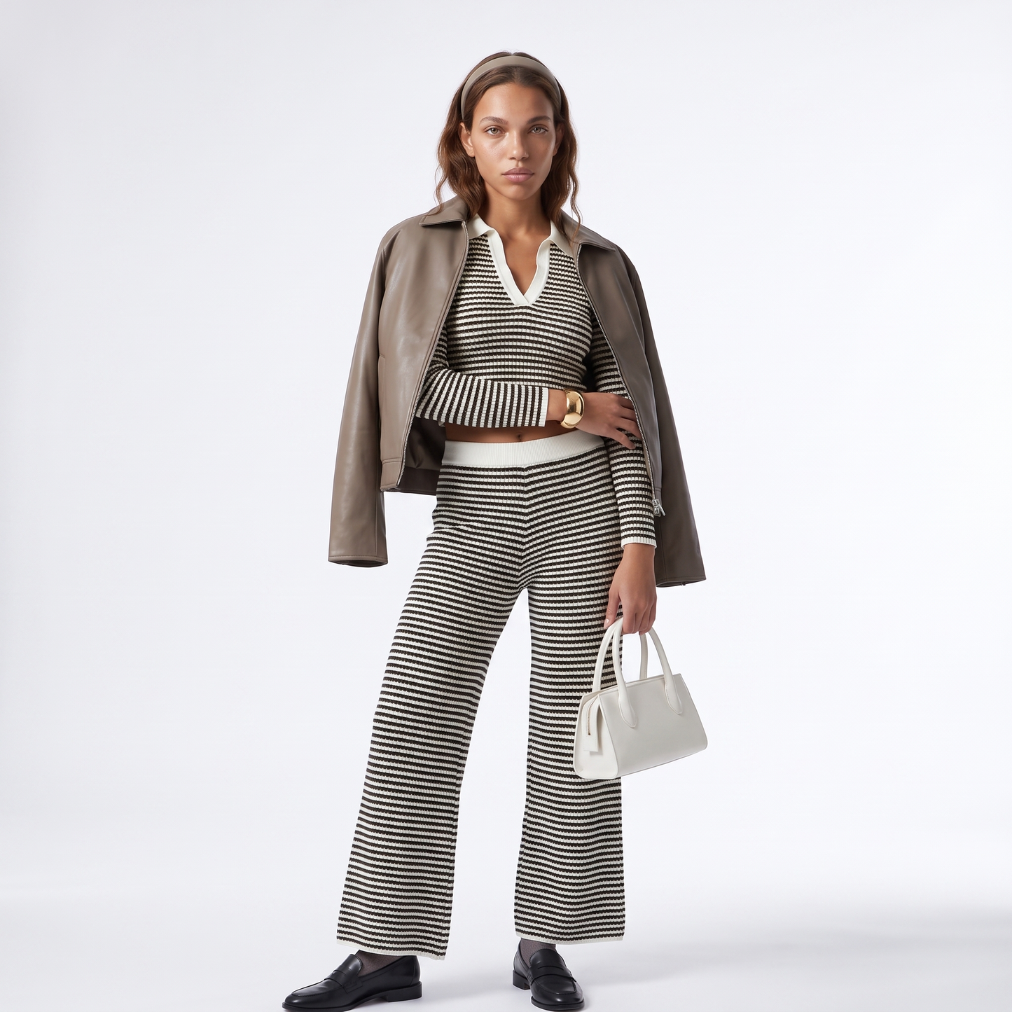 Sunoire solid color loose 2 piece casual set knitted v neck long sleeve wide leg pants sporty coordinating striped women s set colorway black front hero 01