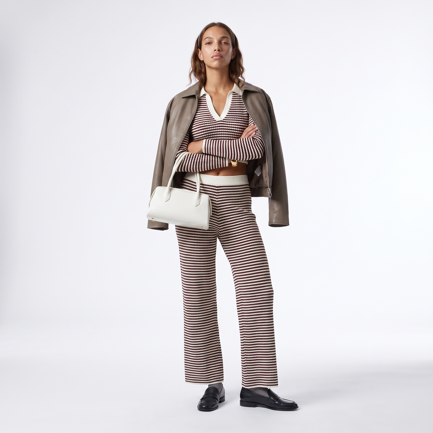 Sunoire solid color loose 2 piece casual set knitted v neck long sleeve wide leg pants sporty coordinating striped women s set colorway coffee color front hero 01