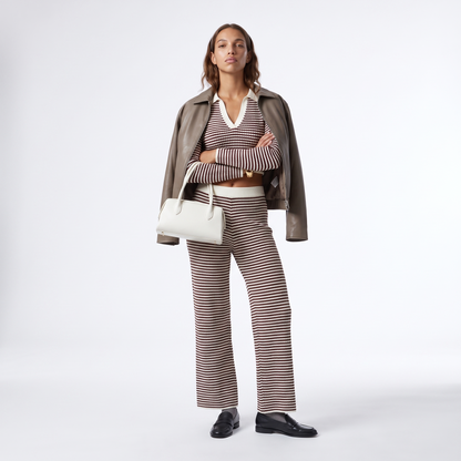Sunoire solid color loose 2 piece casual set knitted v neck long sleeve wide leg pants sporty coordinating striped women s set colorway coffee color front hero 01