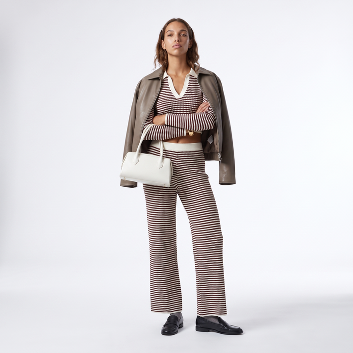 Women's Stripe V-Neck Knit Set – Striped Everyday Casual — Coffee color