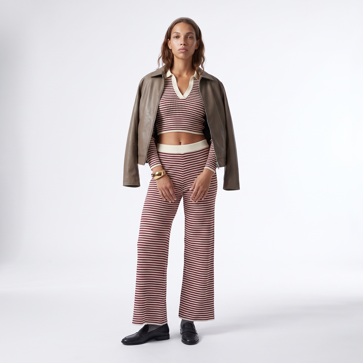 Sunoire solid color loose 2 piece casual set knitted v neck long sleeve wide leg pants sporty coordinating striped women s set colorway red front hero 01