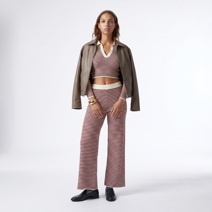 Sunoire solid color loose 2 piece casual set knitted v neck long sleeve wide leg pants sporty coordinating striped women s set colorway red front hero 01
