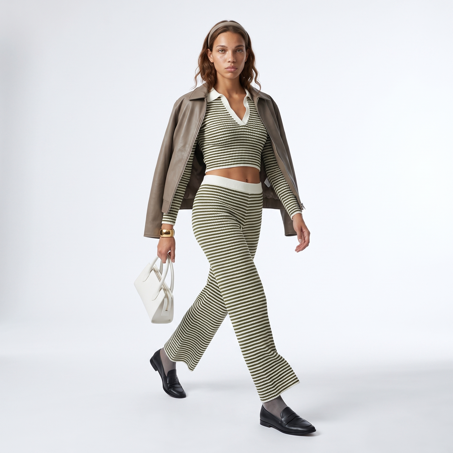Sunoire solid color loose 2 piece casual set knitted v neck long sleeve wide leg pants sporty coordinating striped women s set front hero 01
