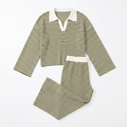 Sunoire solid color loose 2 piece casual set knitted v neck long sleeve wide leg pants sporty coordinating striped women s set garment flatlay 01