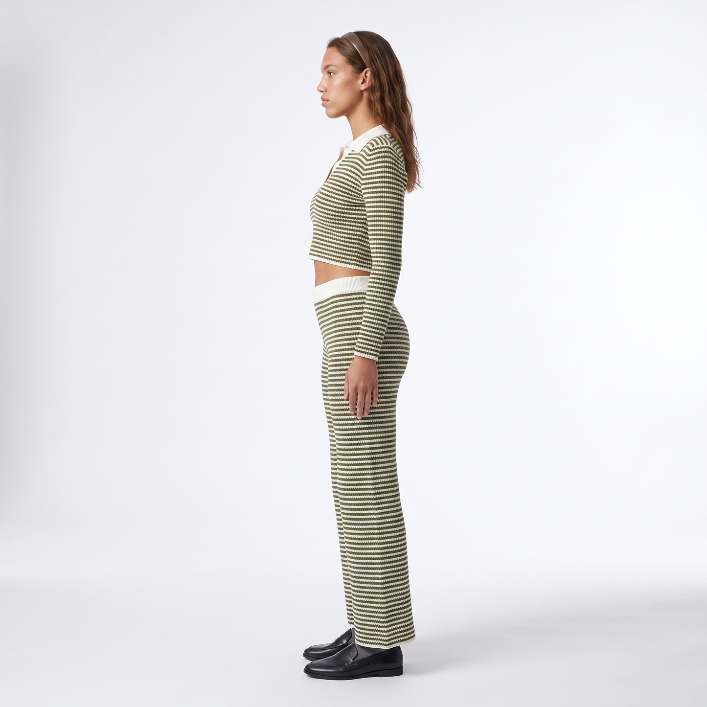 Sunoire solid color loose 2 piece casual set knitted v neck long sleeve wide leg pants sporty coordinating striped women s set side view 01