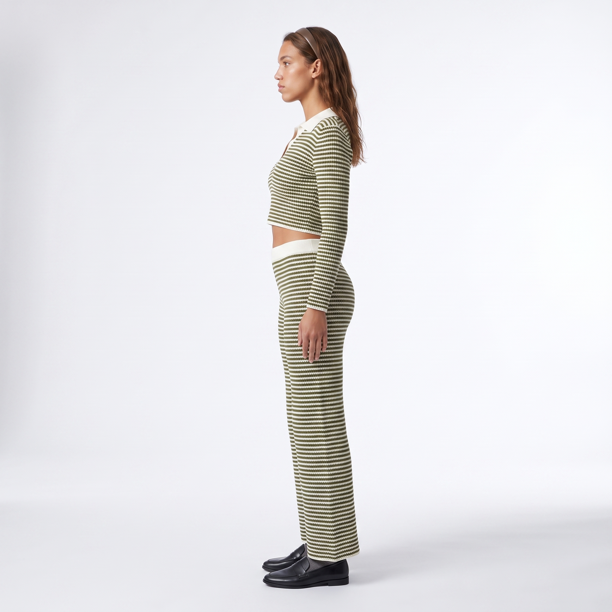 Sunoire solid color loose 2 piece casual set knitted v neck long sleeve wide leg pants sporty coordinating striped women s set side view 01