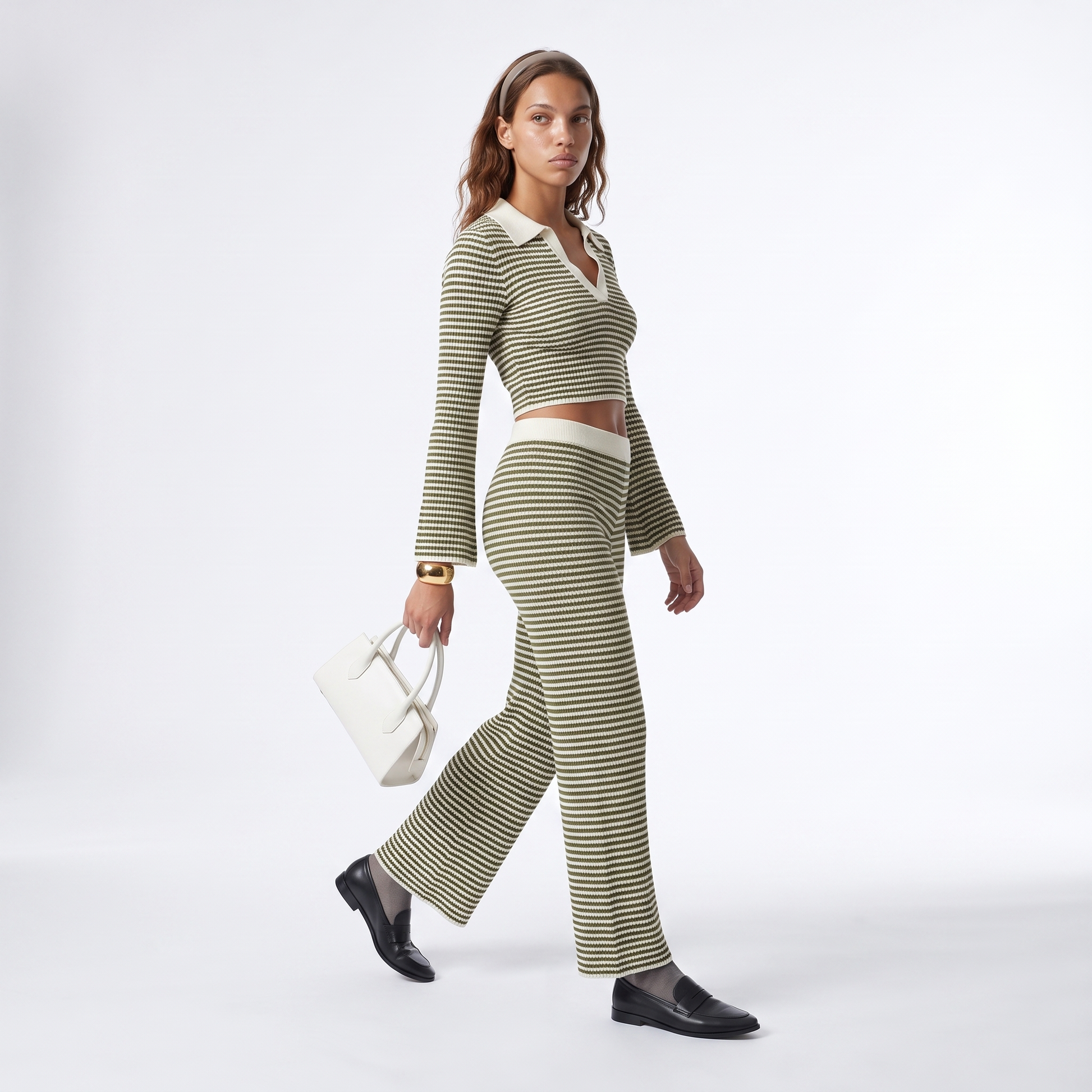 Sunoire solid color loose 2 piece casual set knitted v neck long sleeve wide leg pants sporty coordinating striped women s set three quarter 01