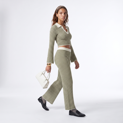 Sunoire solid color loose 2 piece casual set knitted v neck long sleeve wide leg pants sporty coordinating striped women s set three quarter 01
