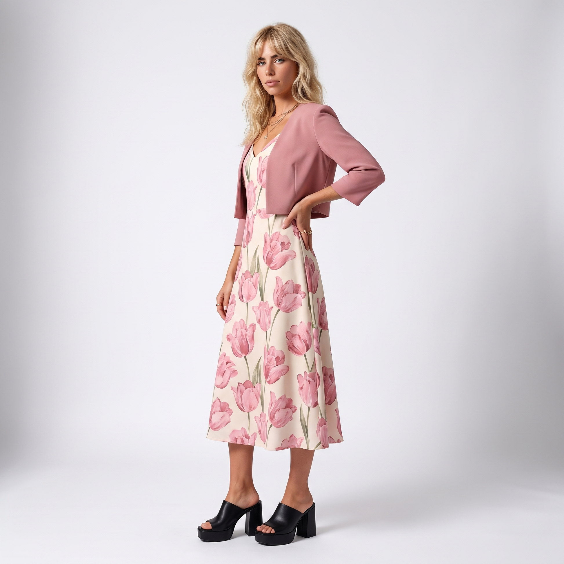 Sunoire sophie pink floral maxi dress with cropped jacket and v neck front hero 01
