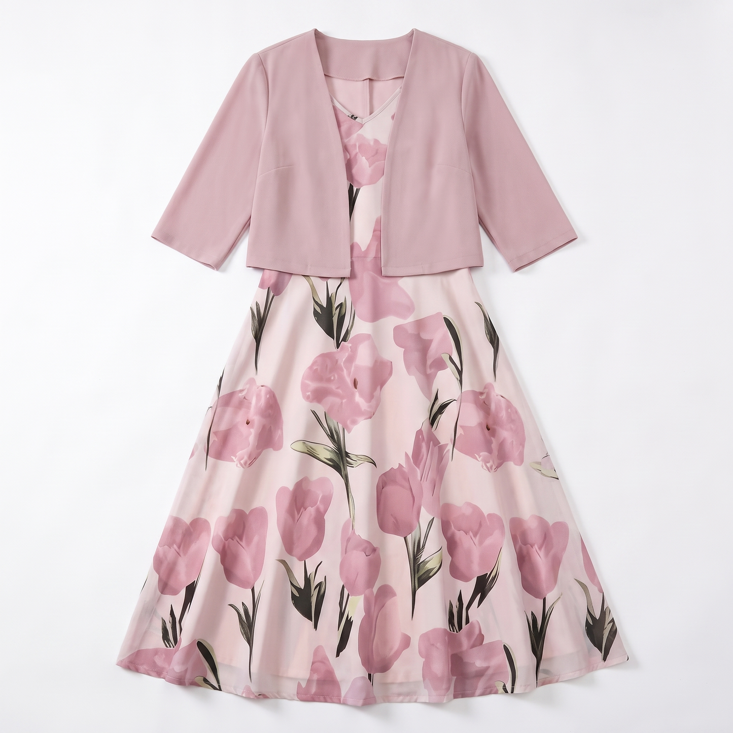 Sunoire sophie pink floral maxi dress with cropped jacket and v neck garment flatlay 01