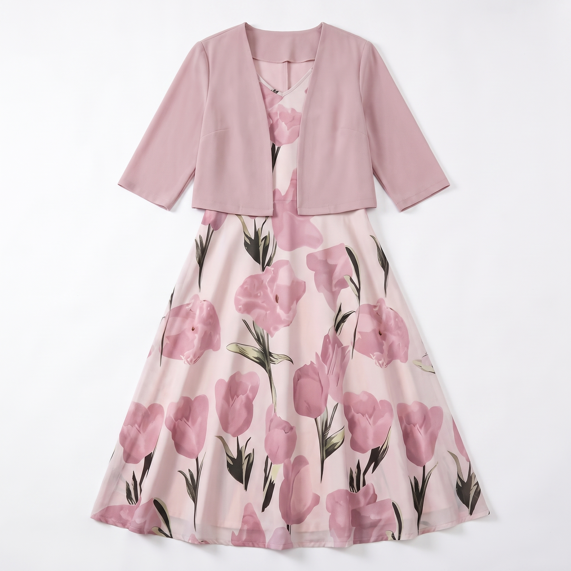 Sunoire sophie pink floral maxi dress with cropped jacket and v neck garment flatlay 01