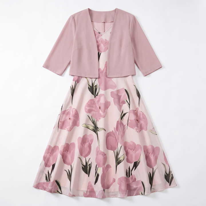 Sunoire sophie pink floral maxi dress with cropped jacket and v neck garment flatlay 01