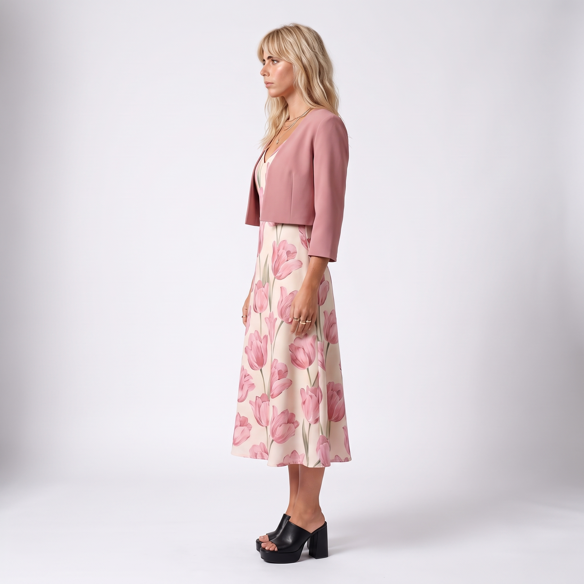 Sunoire sophie pink floral maxi dress with cropped jacket and v neck side view 01