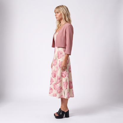 Sunoire sophie pink floral maxi dress with cropped jacket and v neck side view 01