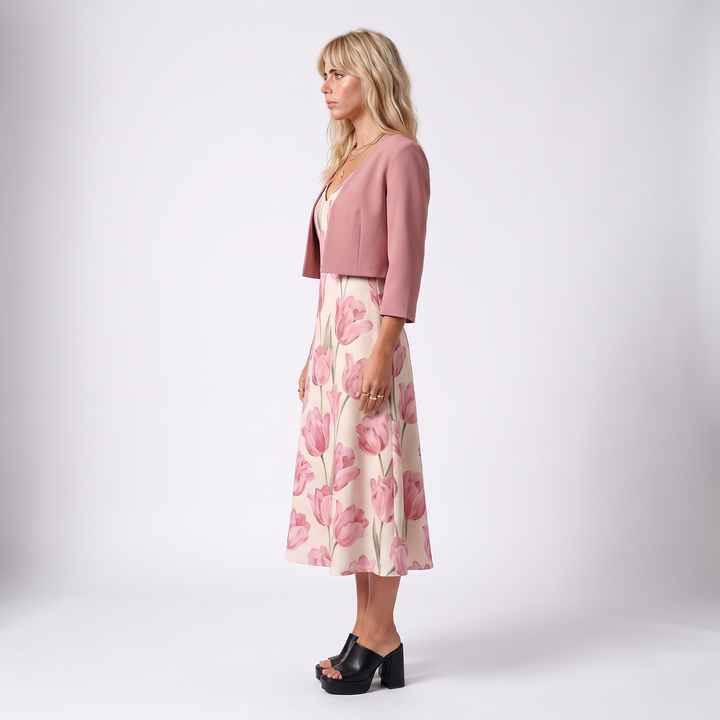 Sunoire sophie pink floral maxi dress with cropped jacket and v neck side view 01