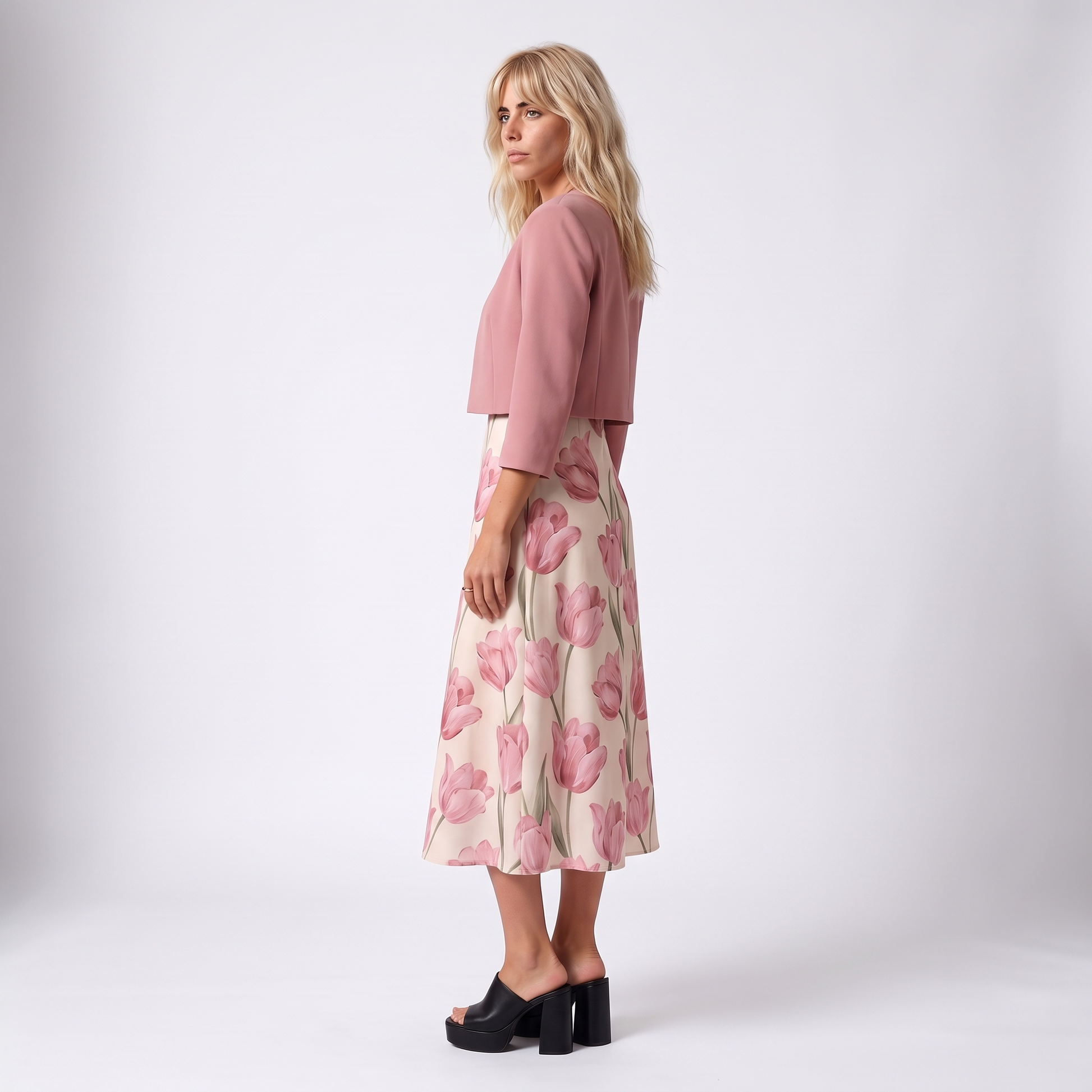 Sunoire sophie pink floral maxi dress with cropped jacket and v neck three quarter 01