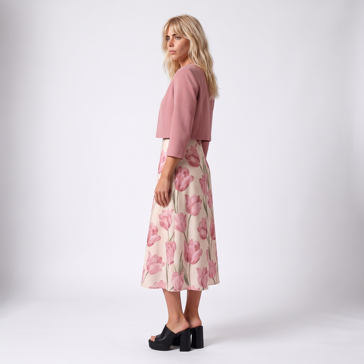 Sunoire sophie pink floral maxi dress with cropped jacket and v neck three quarter 01