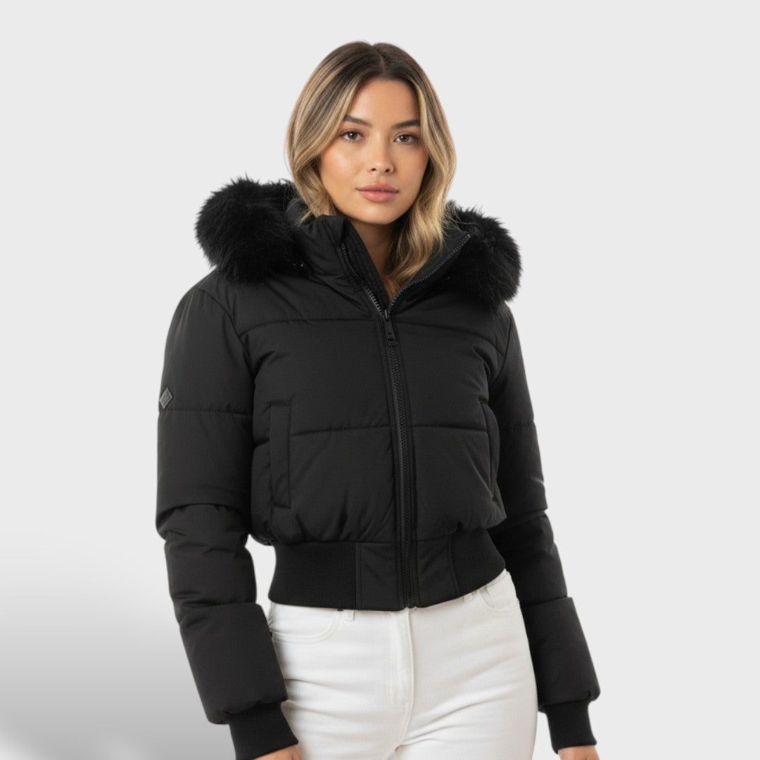 Sorrel | Cropped Puffer Jacket Faux Fur Hood for Women in Black