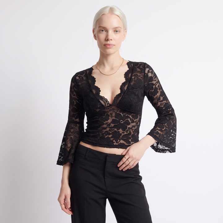Sunoire spring european american cross border elegant solid color sexy sheer lace v neck bodycon long sleeve women crop top colorway black front crop 01