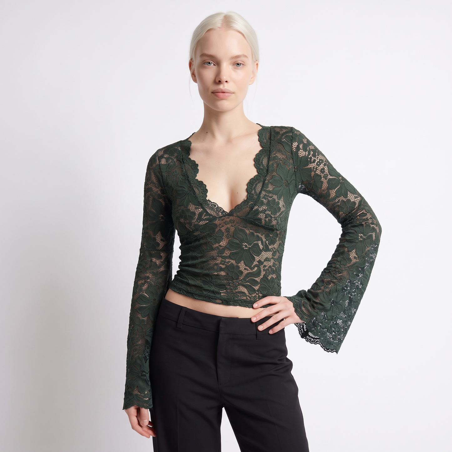 Sunoire spring european american cross border elegant solid color sexy sheer lace v neck bodycon long sleeve women crop top colorway green front crop 01