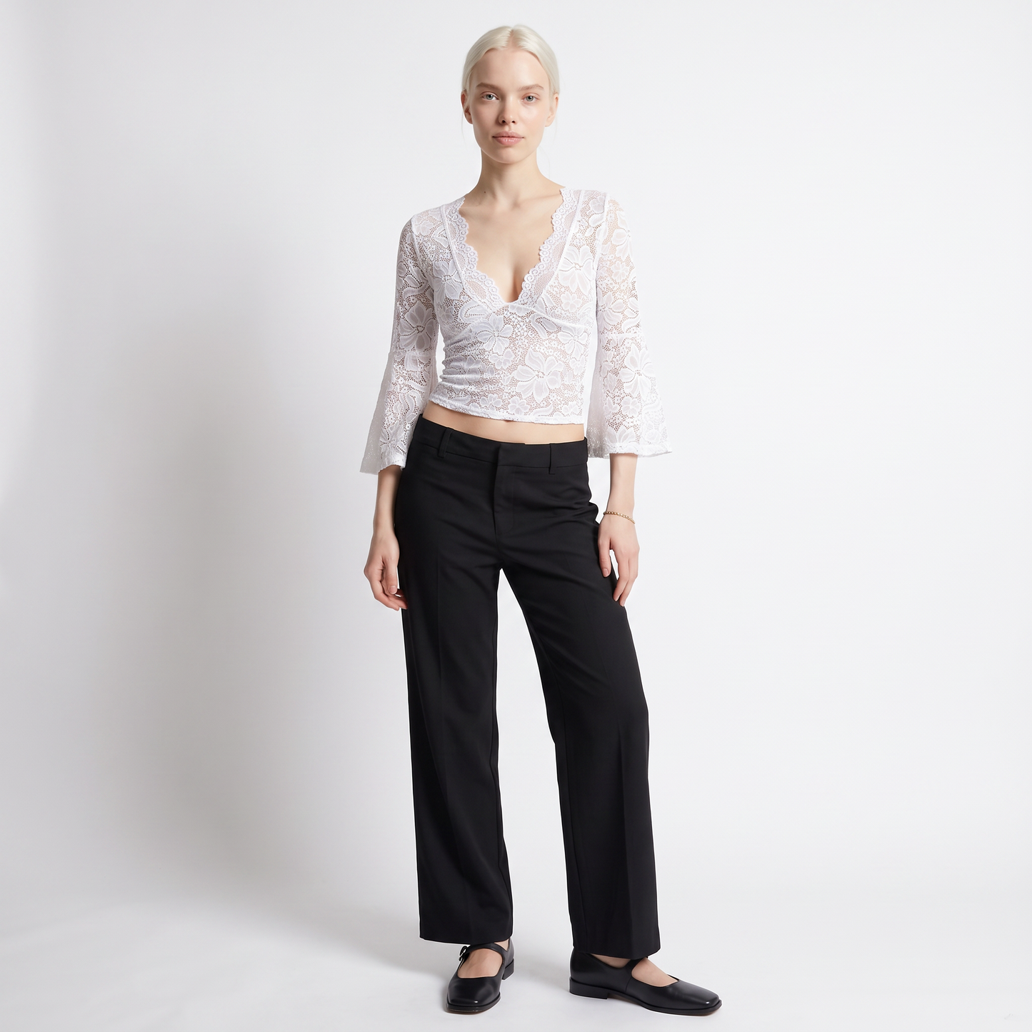 Sunoire spring european american cross border elegant solid color sexy sheer lace v neck bodycon long sleeve women crop top front hero 01