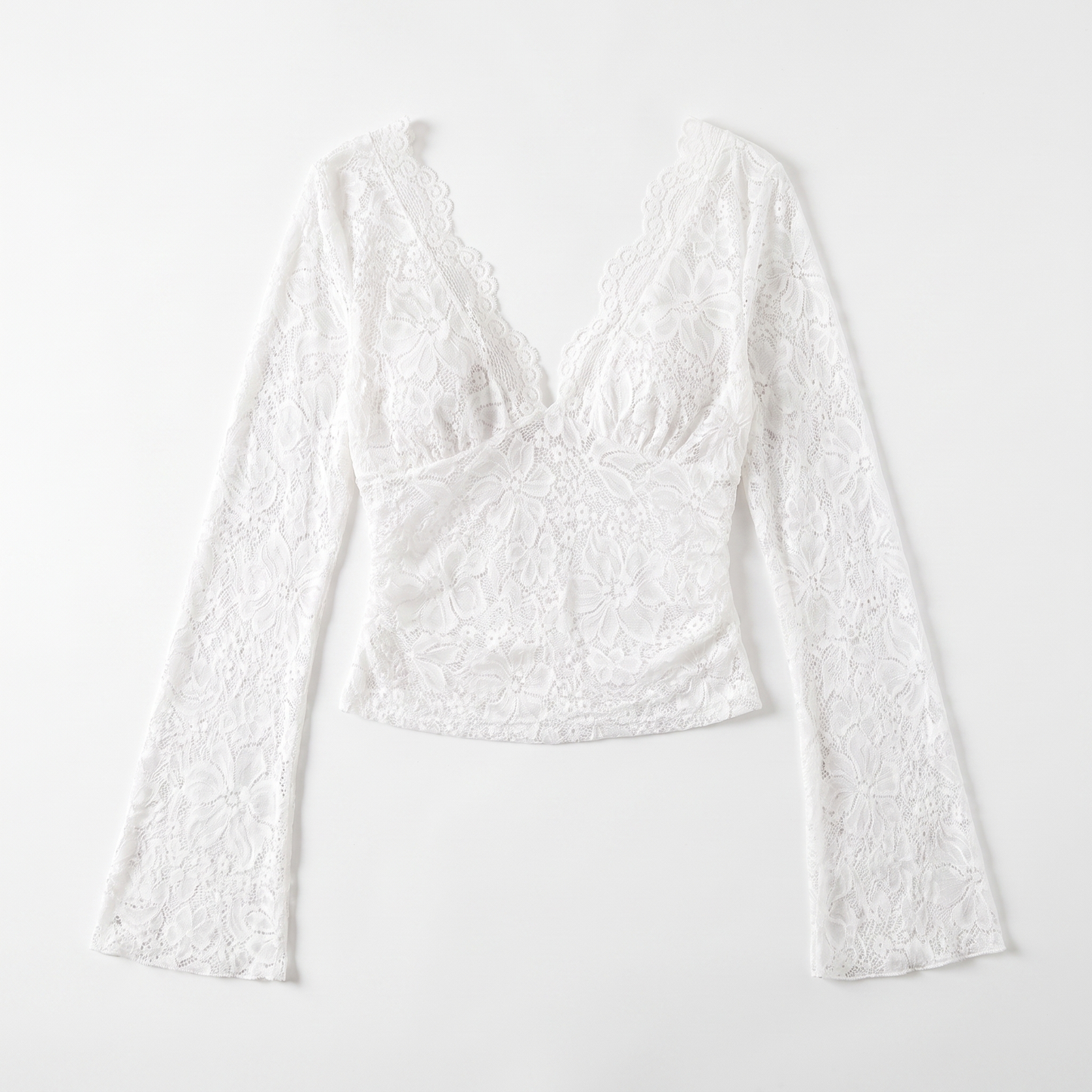 Sunoire spring european american cross border elegant solid color sexy sheer lace v neck bodycon long sleeve women crop top garment flatlay 01