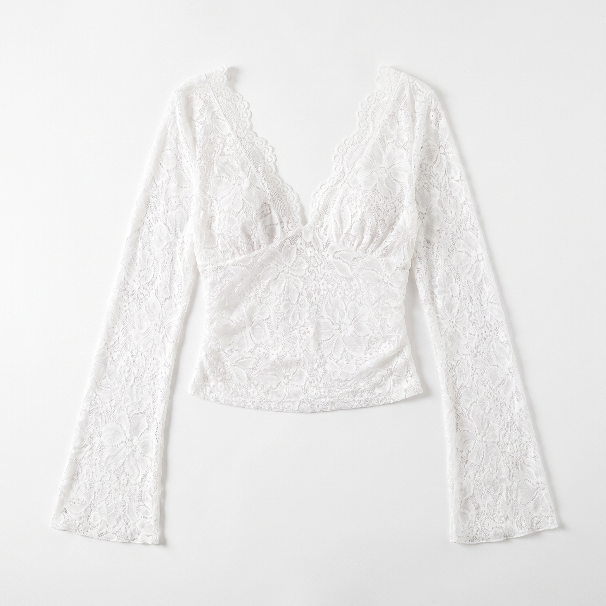 Sunoire spring european american cross border elegant solid color sexy sheer lace v neck bodycon long sleeve women crop top garment flatlay 01