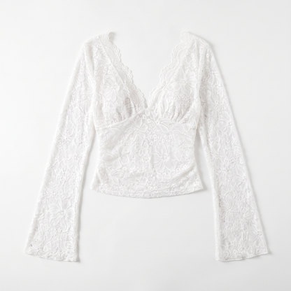 Sunoire spring european american cross border elegant solid color sexy sheer lace v neck bodycon long sleeve women crop top garment flatlay 01
