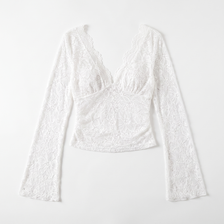 Sunoire spring european american cross border elegant solid color sexy sheer lace v neck bodycon long sleeve women crop top garment flatlay 01
