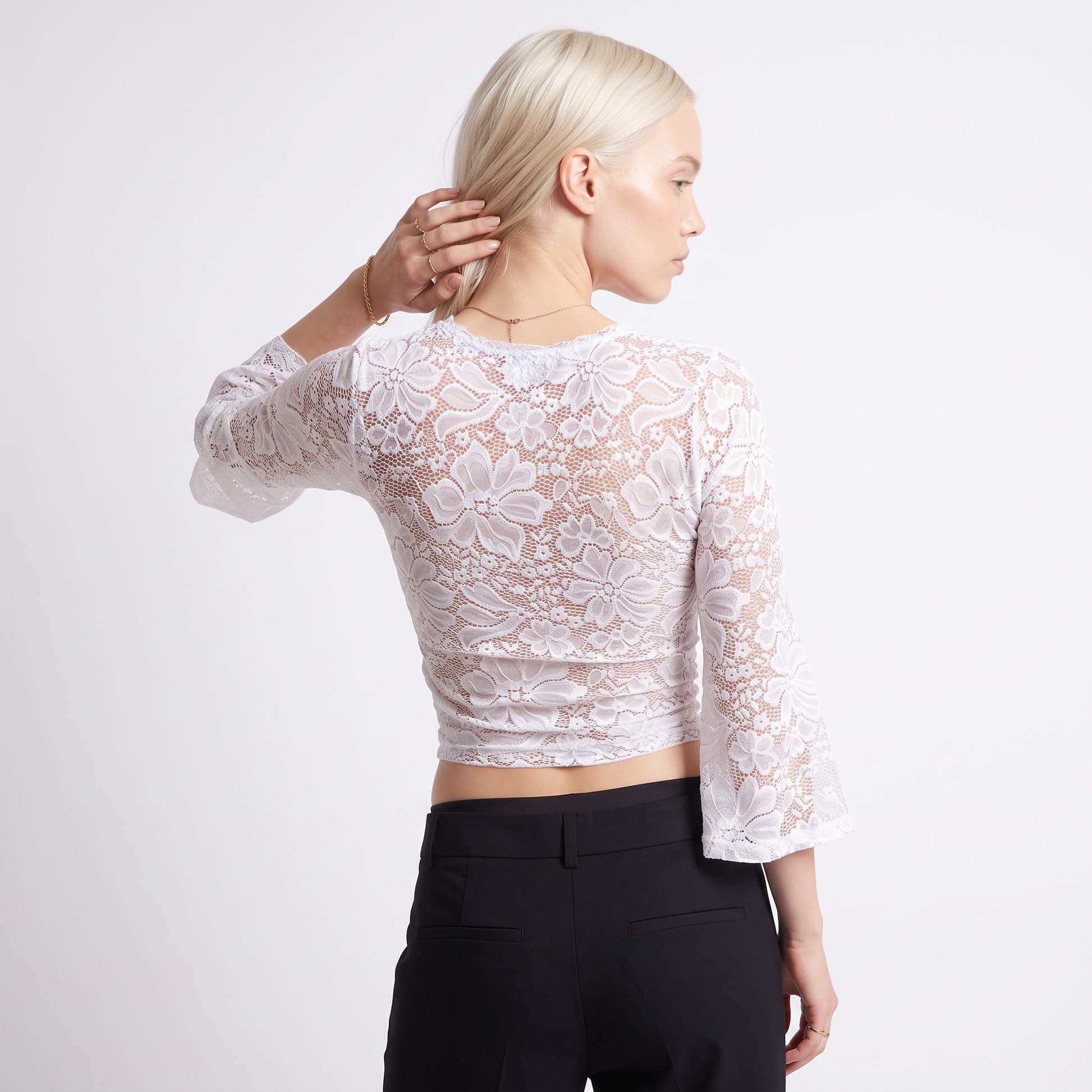 Sunoire spring european american cross border elegant solid color sexy sheer lace v neck bodycon long sleeve women crop top top back crop 01