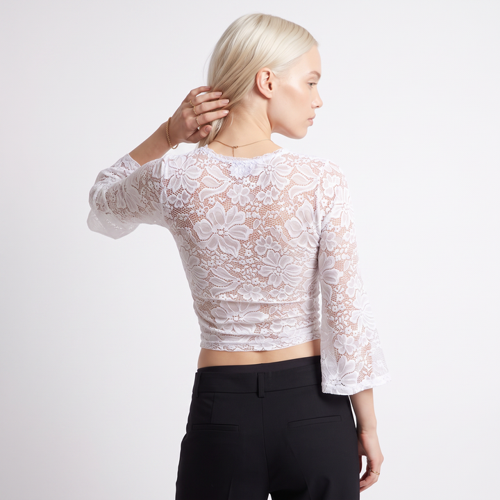 Sunoire spring european american cross border elegant solid color sexy sheer lace v neck bodycon long sleeve women crop top top back crop 01