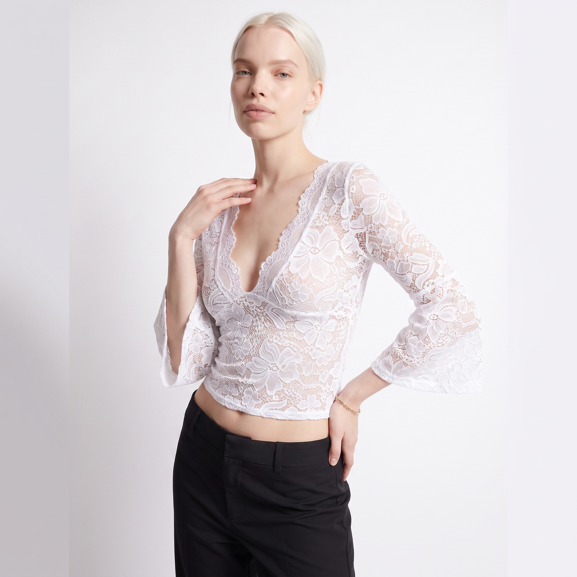 Sunoire spring european american cross border elegant solid color sexy sheer lace v neck bodycon long sleeve women crop top top crop 3q 01