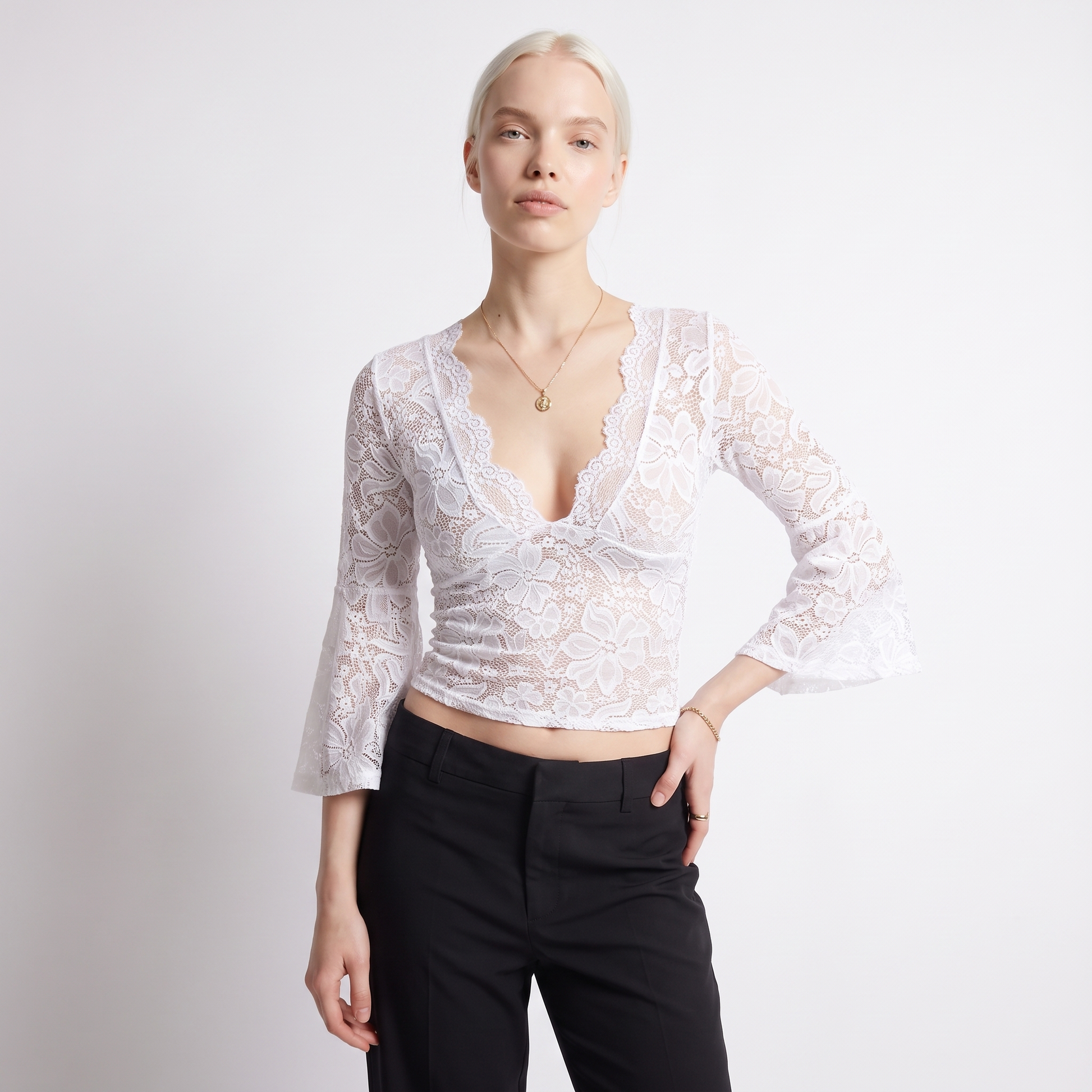 Sunoire spring european american cross border elegant solid color sexy sheer lace v neck bodycon long sleeve women crop top top front crop 01