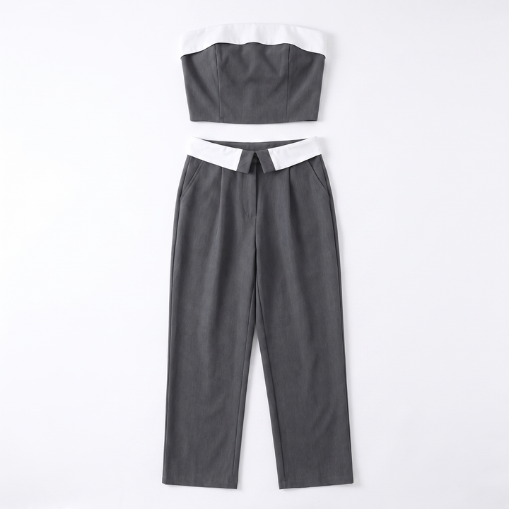 Sunoire spring new in stock sleeveless crop blazer top two piece women clothing long pants set garment flatlay 01