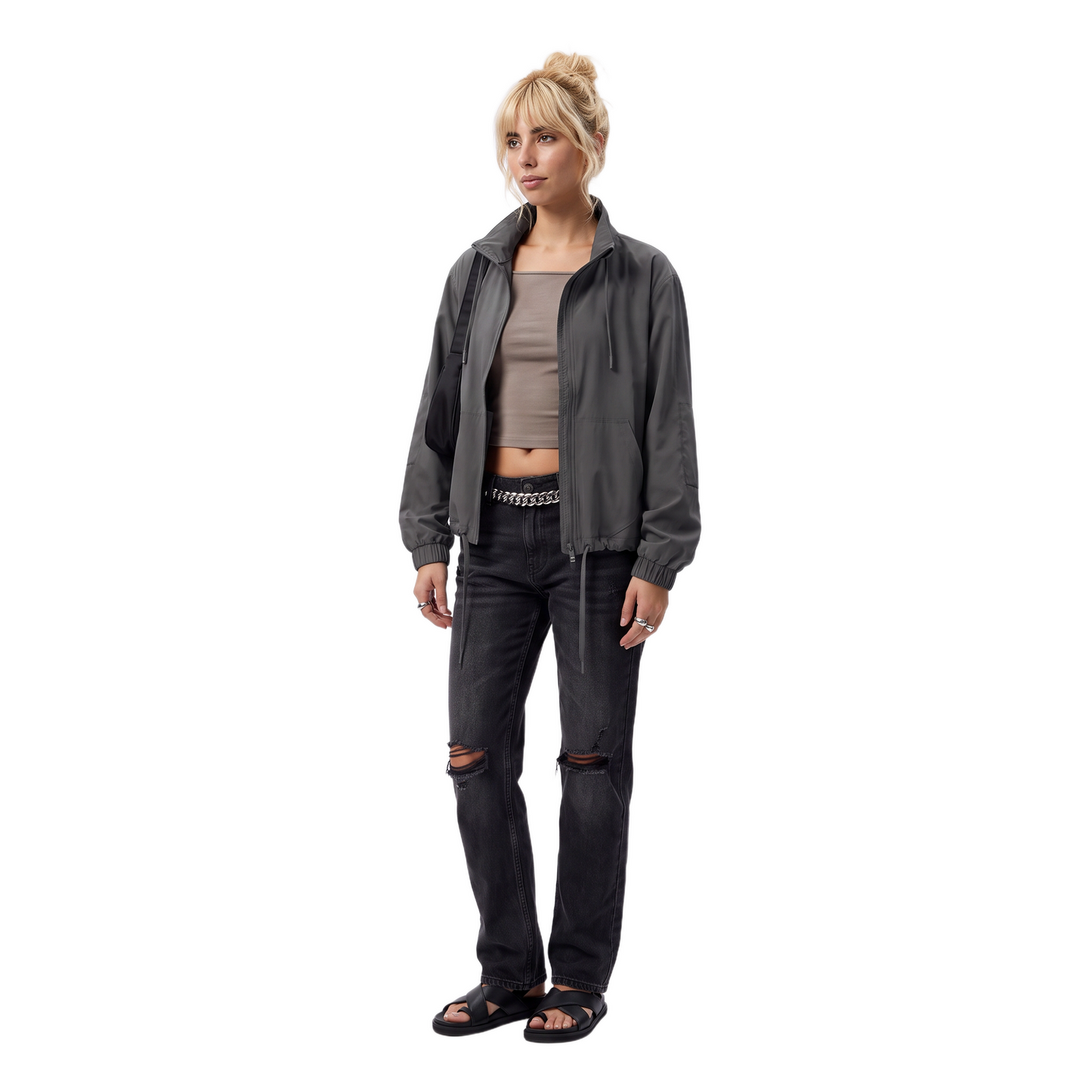 Sunoire spring new solid thin polyester sports casual stand collar jacket women loose fit versatile long sleeve fitness top colorway graphite gray front hero 01
