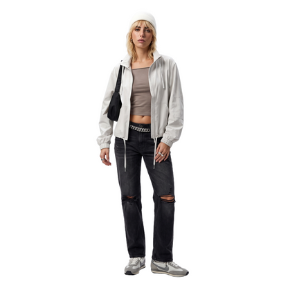 Sunoire spring new solid thin polyester sports casual stand collar jacket women loose fit versatile long sleeve fitness top front hero 01