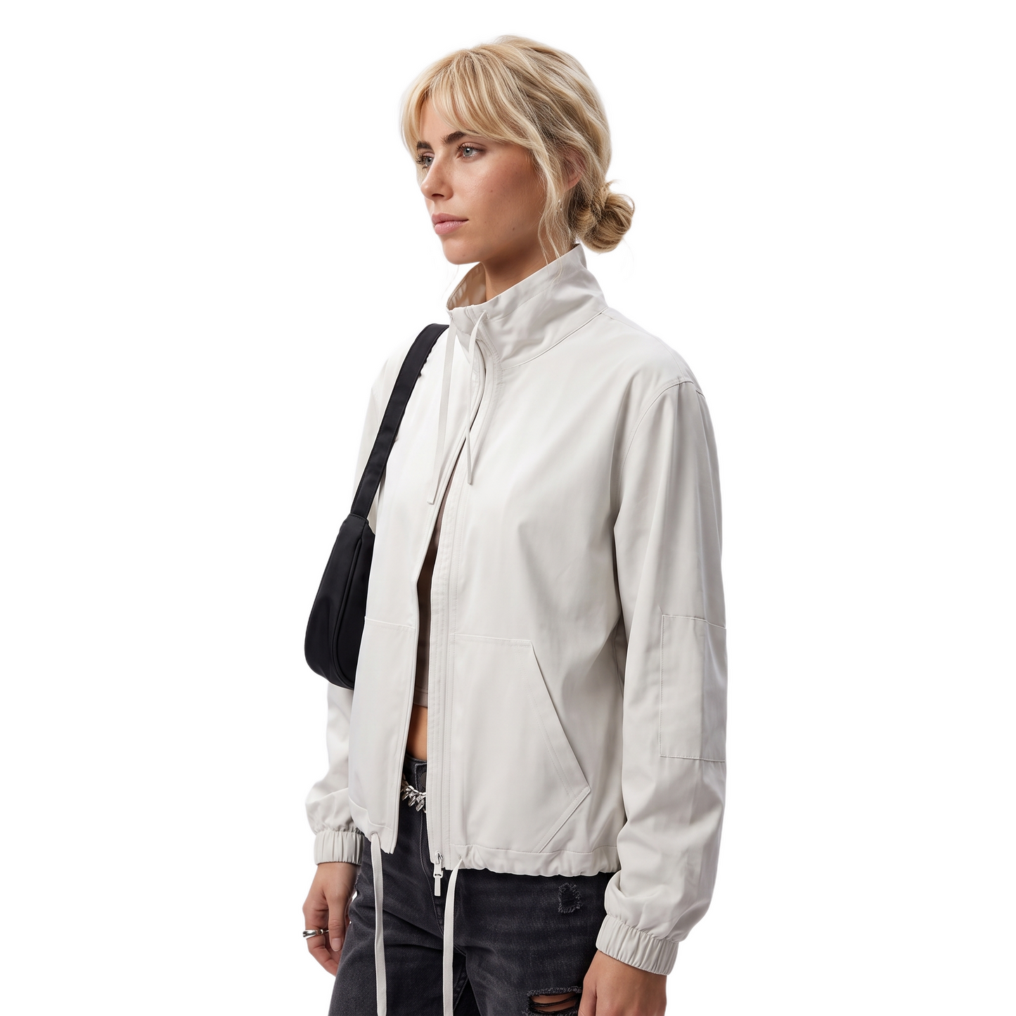 Sunoire spring new solid thin polyester sports casual stand collar jacket women loose fit versatile long sleeve fitness top top side crop 01