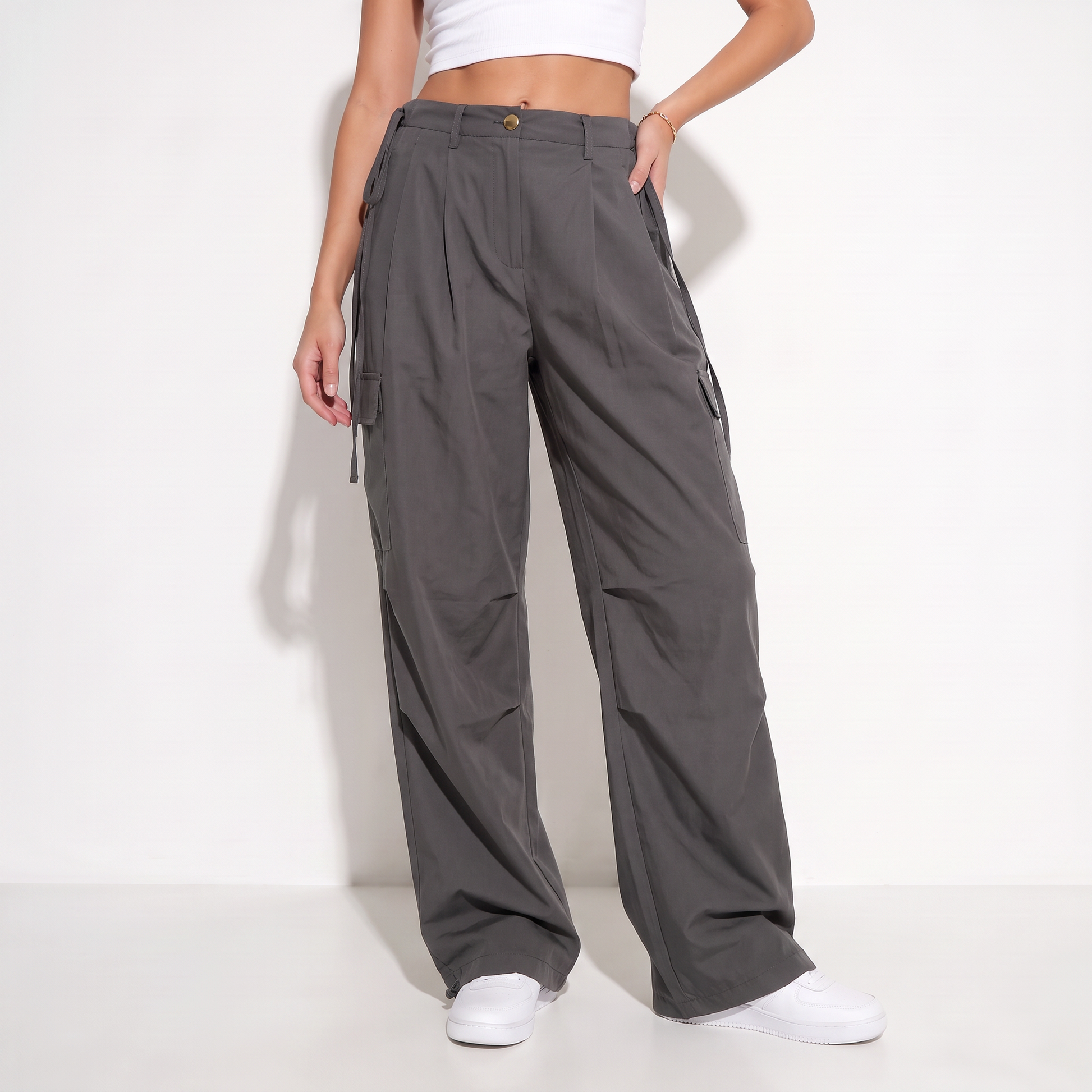 streetwear workout casual pocket high waist wide leg cargo pants women loose baggy pants in Dark Gray colorway image