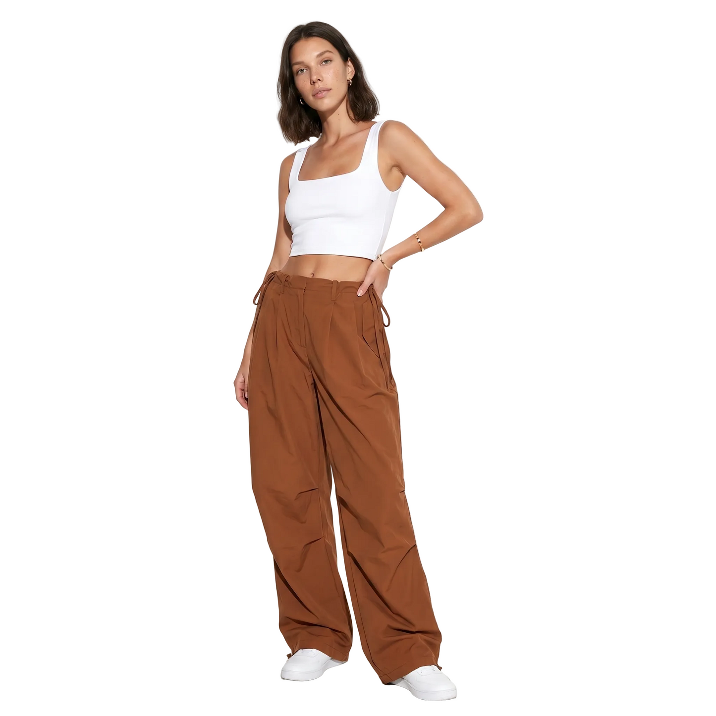 Sunoire streetwear workout casual pocket high waist wide leg cargo pants women loose baggy pants front hero 01