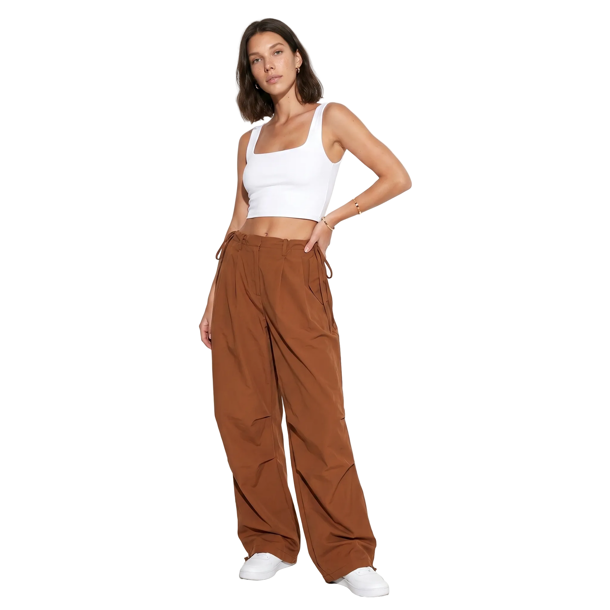 Sunoire streetwear workout casual pocket high waist wide leg cargo pants women loose baggy pants front hero 01