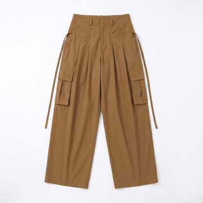 Sunoire streetwear workout casual pocket high waist wide leg cargo pants women loose baggy pants garment flatlay 01