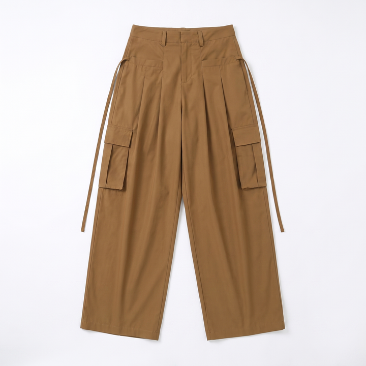 Sunoire streetwear workout casual pocket high waist wide leg cargo pants women loose baggy pants garment flatlay 01