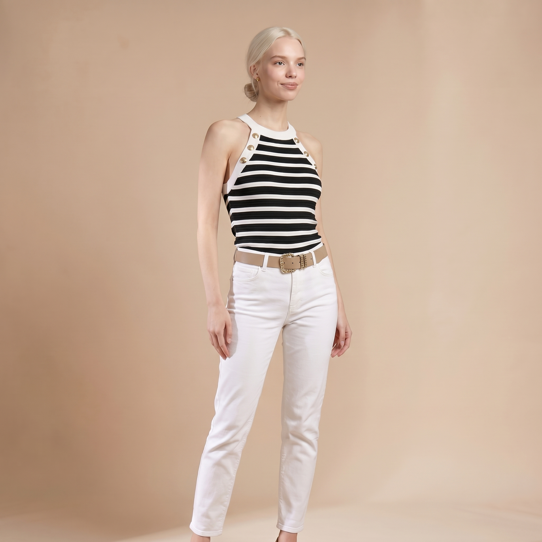 Sunoire striped halter sleeveless tank causal golden button decor breathable knit top colorway black front crop 01