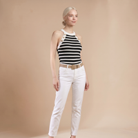 Sunoire striped halter sleeveless tank causal golden button decor breathable knit top colorway black front crop 01