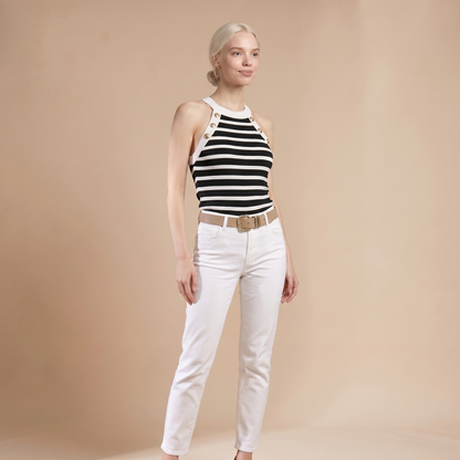 Sunoire striped halter sleeveless tank causal golden button decor breathable knit top colorway black front crop 01
