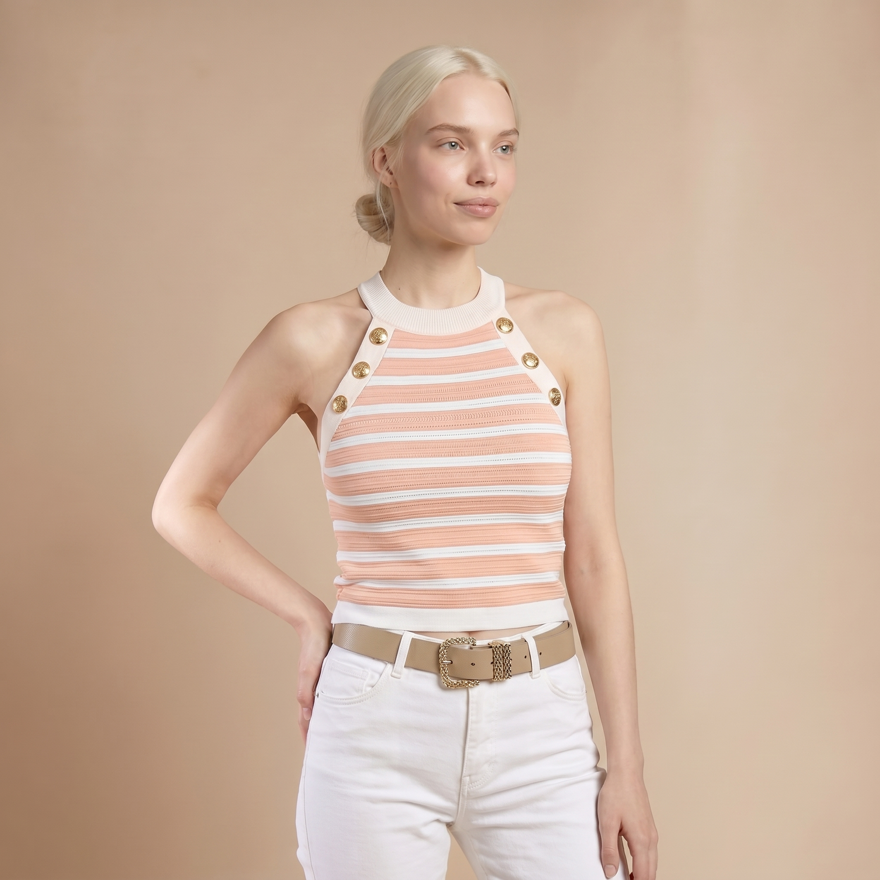 Sunoire striped halter sleeveless tank causal golden button decor breathable knit top colorway pink front crop 01