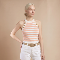 Sunoire striped halter sleeveless tank causal golden button decor breathable knit top colorway pink front crop 01